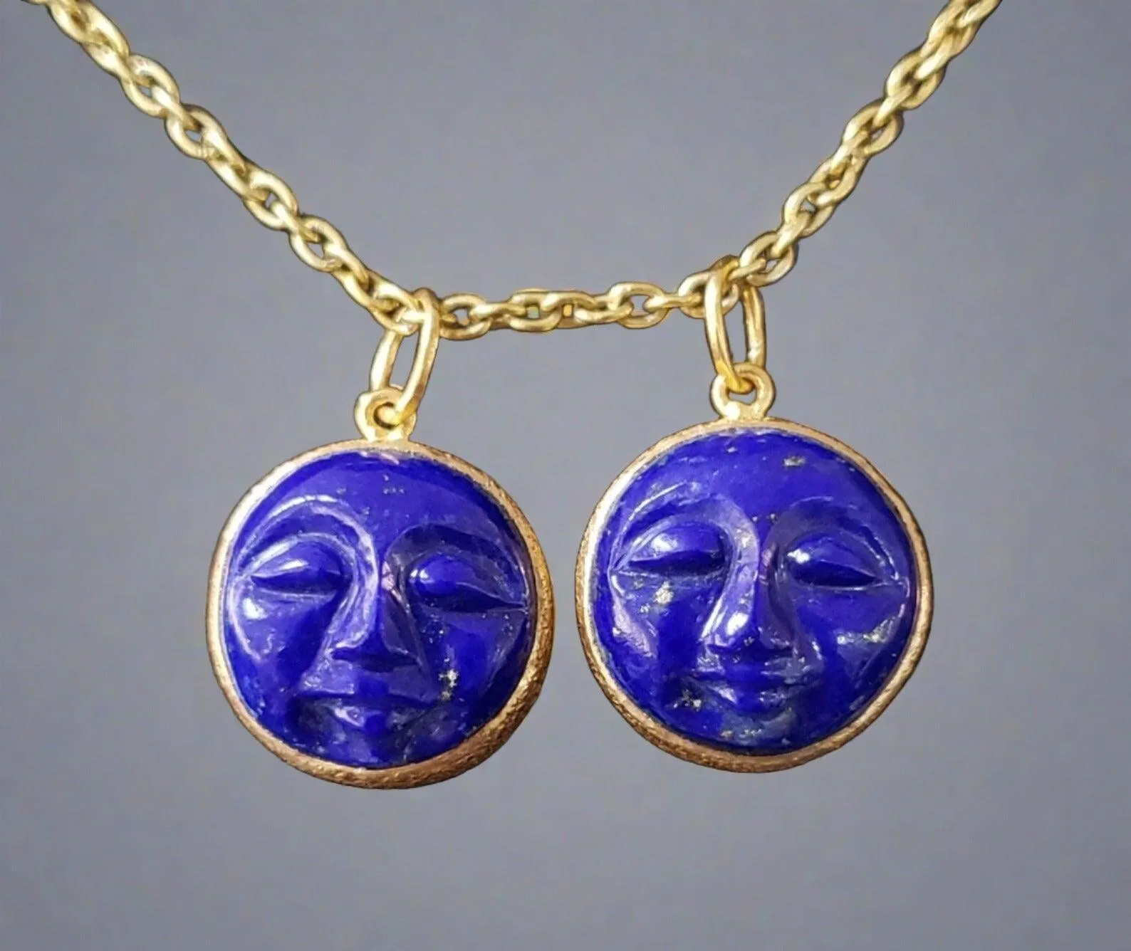 14k Gold Happy/Meditative Face Carved Lapis Lazuli Pendant