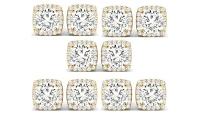 14k Yellow Gold 4Ct Cushion Cut White Sapphire Set Of Five Halo Stud Earrings Plated