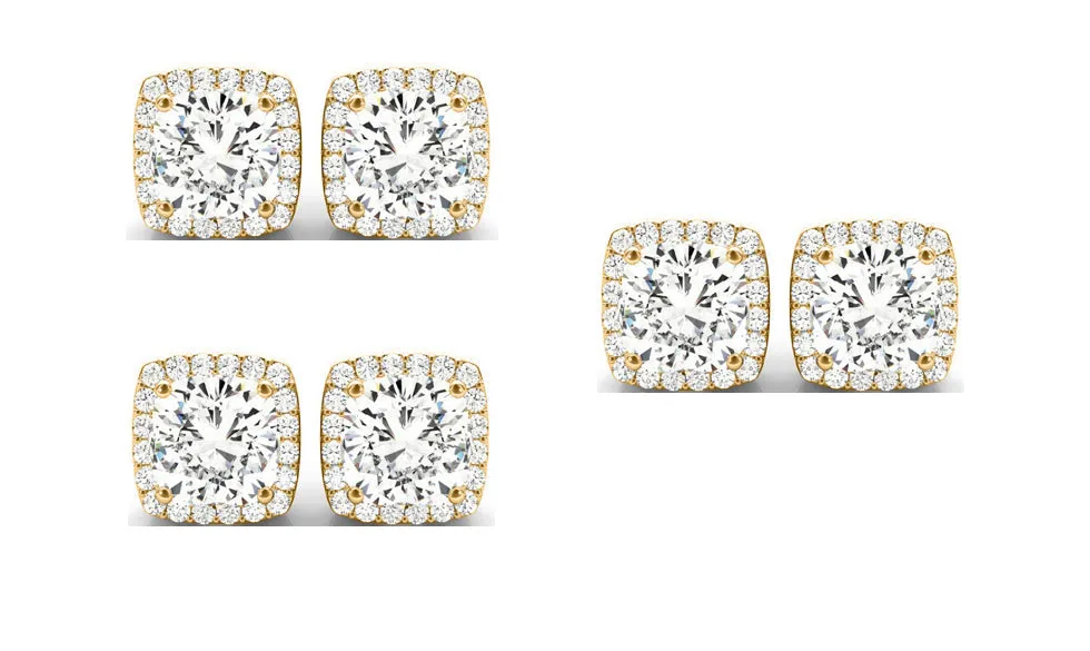 14k Yellow Gold 4mm 4Ct Cushion Cut White Sapphire Set Of Three Halo Stud Earrings Plated