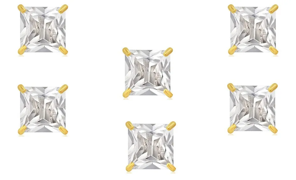 14k Yellow Gold Plated 4Ct Square Cut White Sapphire Set Of Three Stud Earrings