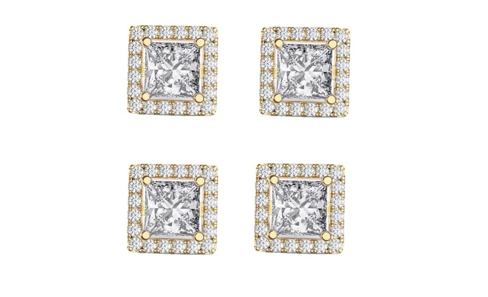 14k Yellow Gold Plated 4Ct Square Cut White Sapphire Set of Two Halo Stud Earrings