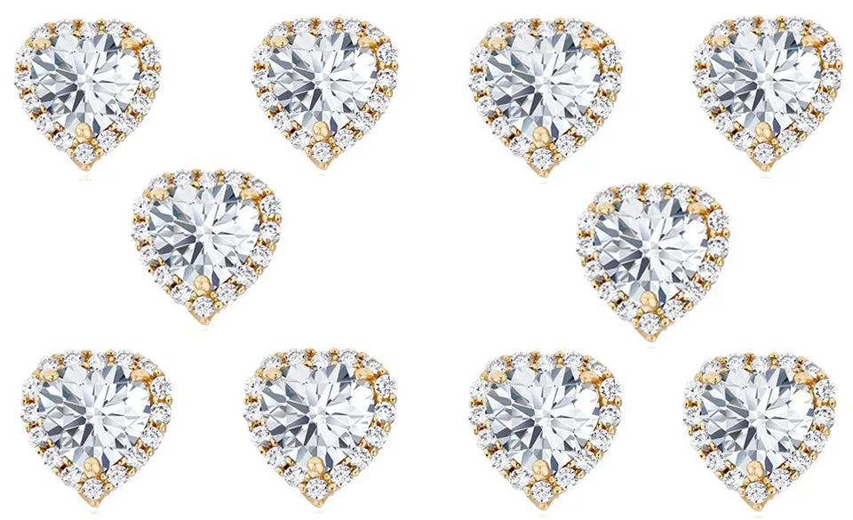 14k Yellow Gold Plated 4mm 1/2Ct Heart White Sapphire Set of Five Halo Stud Earrings