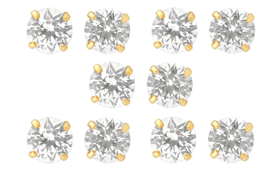 14k Yellow Gold Plated 4mm 1/2Ct Round White Sapphire Set Of Five Stud Earrings
