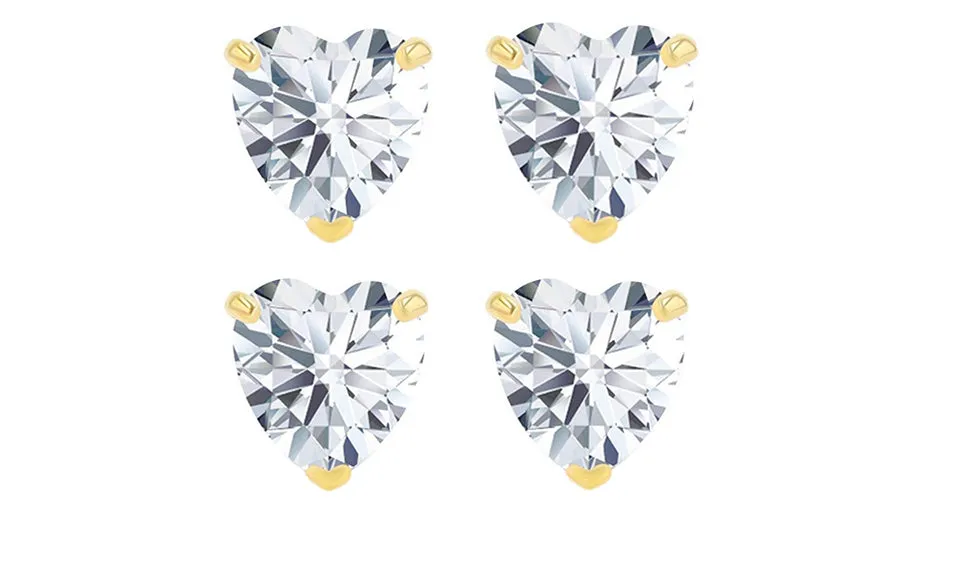 14k Yellow Gold Plated 4mm 1Ct Heart White Sapphire Set Of Two Stud Earrings
