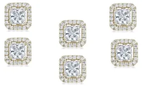 14k Yellow Gold Plated 4mm 2Ct Princess Cut White Sapphire Set of Three Halo Stud Earrings