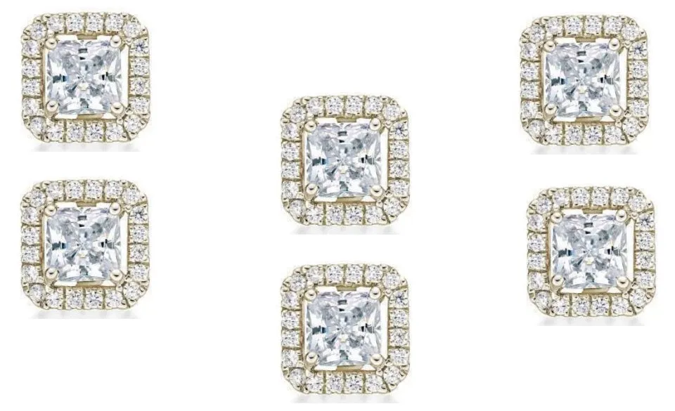 14k Yellow Gold Plated 4mm 2Ct Princess Cut White Sapphire Set of Three Halo Stud Earrings