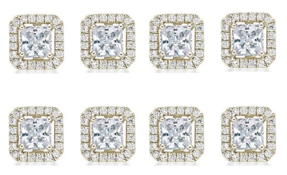 14k Yellow Gold Plated 4mm 3Ct Princess Cut White Sapphire Set of Four Halo Stud Earrings