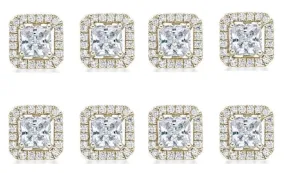 14k Yellow Gold Plated 4mm 3Ct Princess Cut White Sapphire Set of Four Halo Stud Earrings