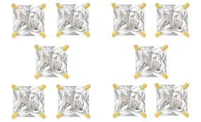 14k Yellow Gold Plated 4mm 3Ct Square Cut White Sapphire Set Of Five Stud Earrings