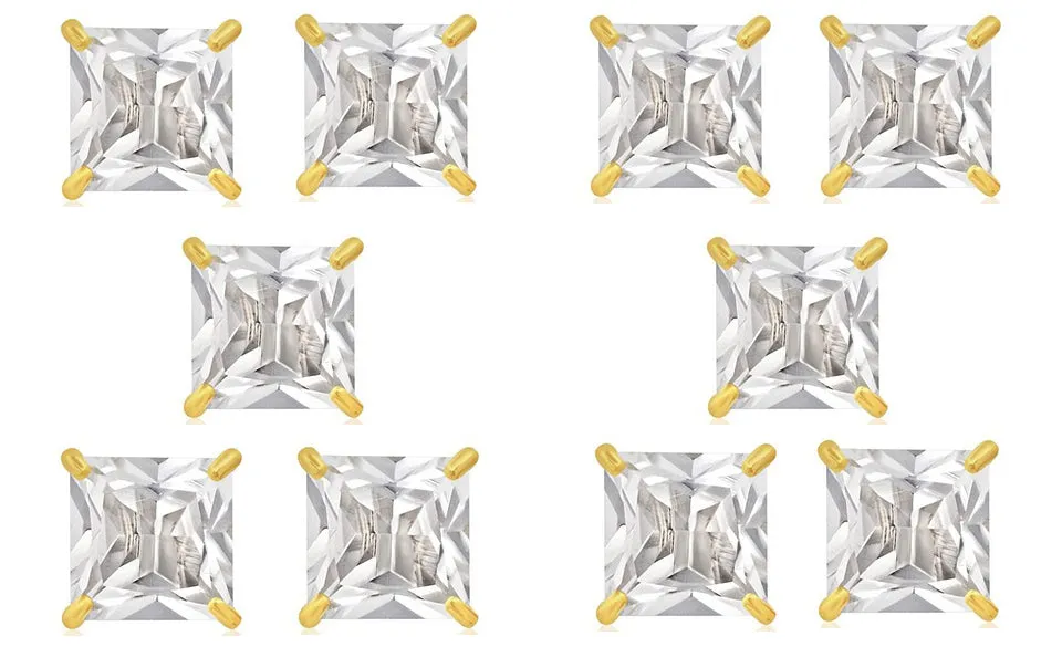 14k Yellow Gold Plated 4mm 3Ct Square Cut White Sapphire Set Of Five Stud Earrings
