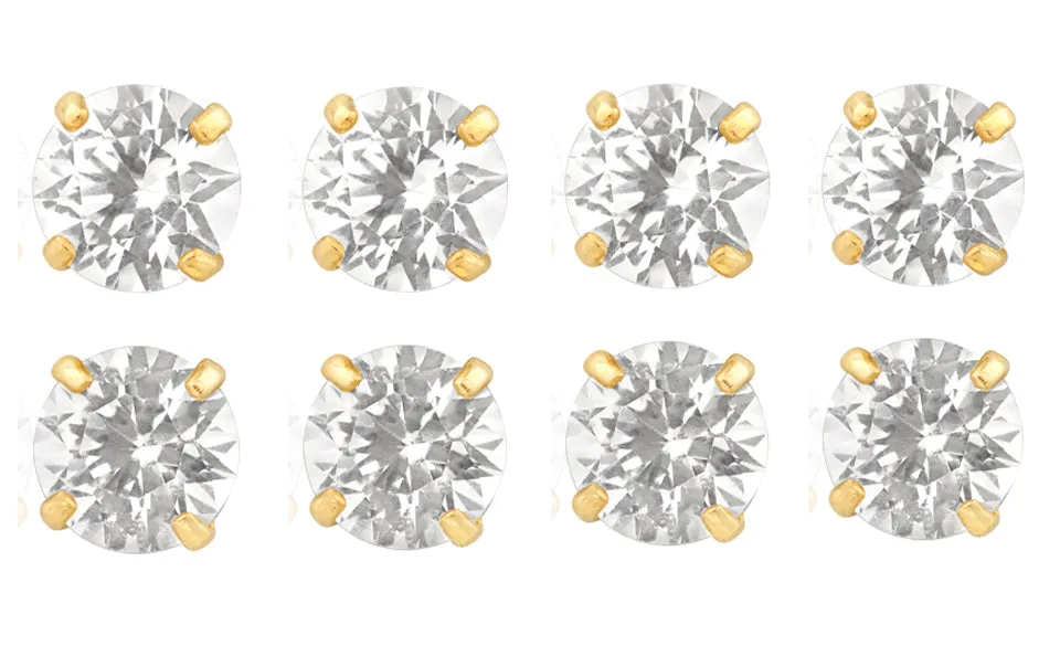 14k Yellow Gold Plated 4mm 4Ct Round White Sapphire Set Of Four Stud Earrings