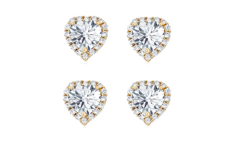 14k Yellow Gold Plated 6mm 1/2Ct Heart White Sapphire Set of Two Halo Stud Earrings