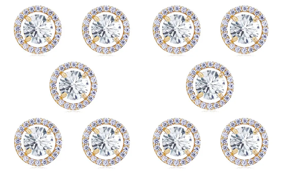 14k Yellow Gold Plated 6mm 2Ct Round White Sapphire Set Of Five Halo Stud Earrings