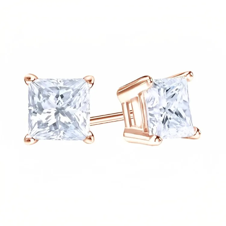 18k Rose Gold 2 Pair Moissanite Round & Princess Cut Stud Earrings Plated 4mm By Paris Jewelry