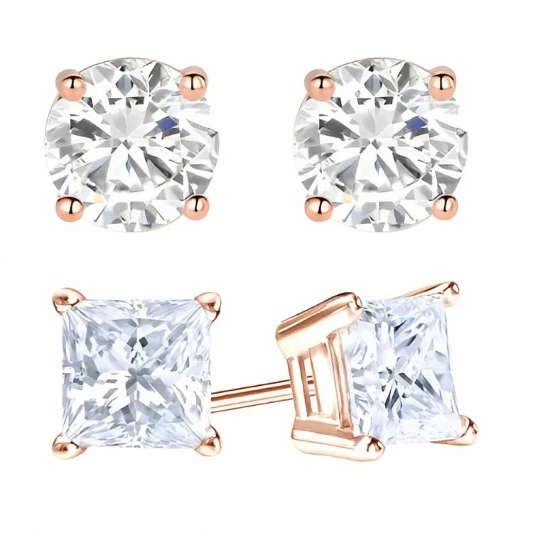 18k Rose Gold 2 Pair Moissanite Round & Princess Cut Stud Earrings Plated 4mm By Paris Jewelry