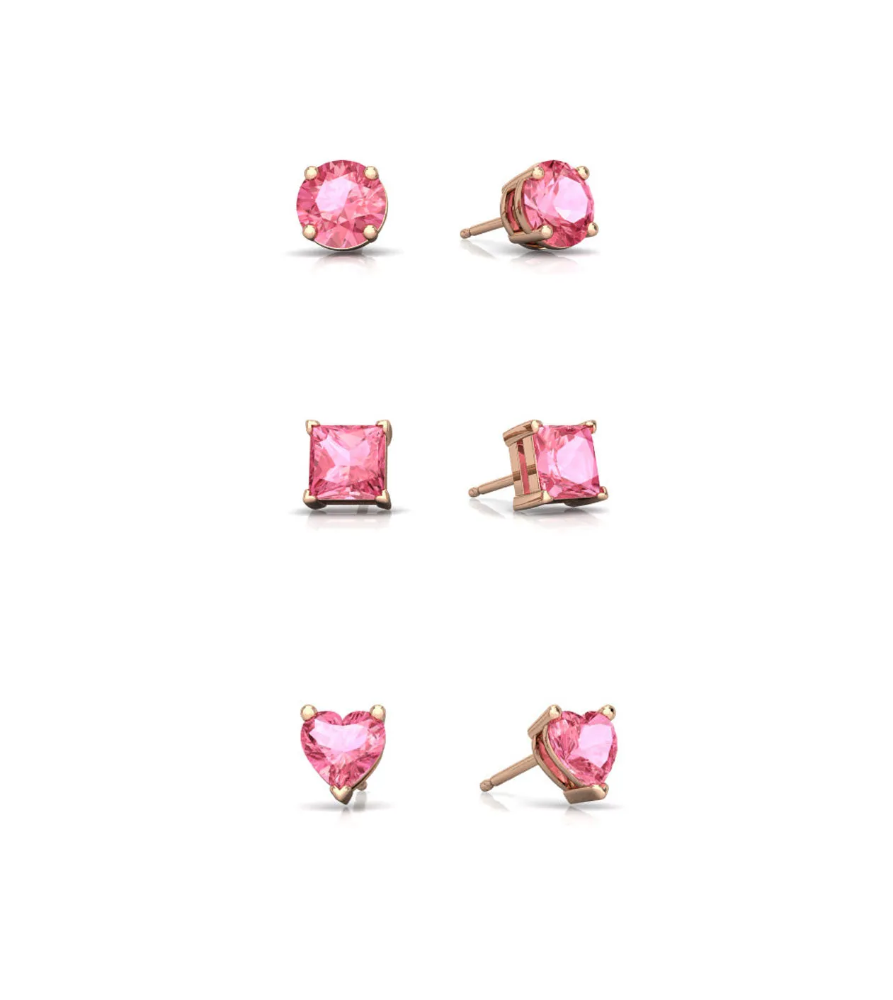 18k Rose Gold Plated 6mm Created Pink Sapphire 3 Pair Round, Square and Heart Stud Earrings