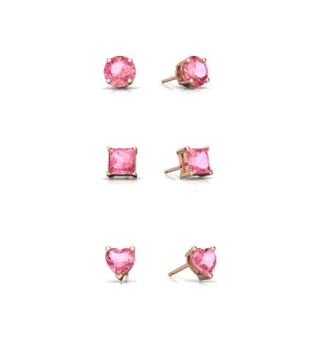 18k Rose Gold Plated 6mm Created Pink Sapphire 3 Pair Round, Square and Heart Stud Earrings