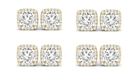 18k Yellow Gold 1/2Ct Cushion Cut White Sapphire Set Of Four Halo Stud Earrings Plated