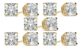 18k Yellow Gold 6mm 3Ct Cushion Cut White Sapphire Set Of Five Stud Earrings Plated