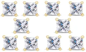18k Yellow Gold Plated 1/2Ct Princess Cut White Sapphire Set Of Five Stud Earrings