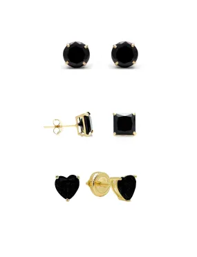 18k Yellow Gold Plated 1/4Cttw 4mm Created Black Sapphire 3 Pair Round, Square and Heart Stud Earrings