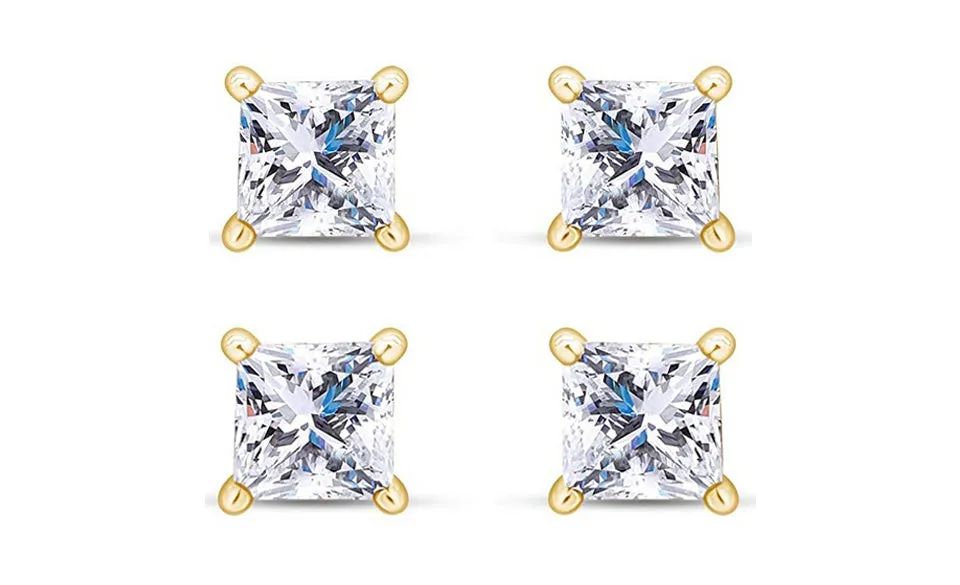 18k Yellow Gold Plated 1Ct Princess Cut White Sapphire Set Of Two Stud Earrings