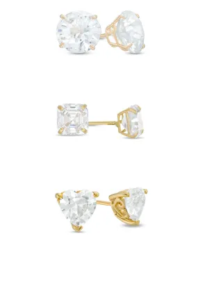 18k Yellow Gold Plated 1Cttw 7mm Created White Sapphire 3 Pair Round, Square and Heart Stud Earrings