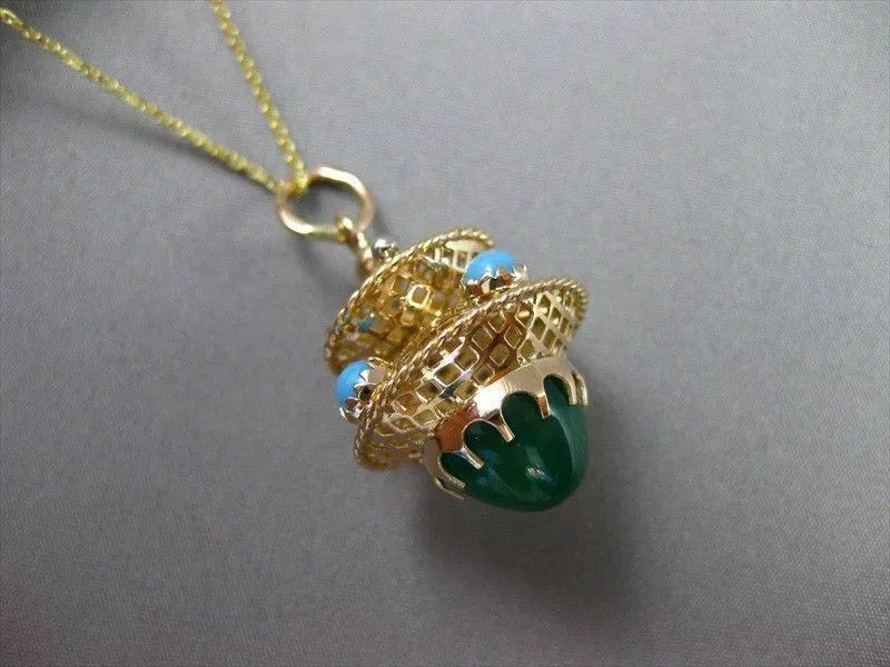 ANTIQUE LARGE 14KT ROSE GOLD UNIQUE LAMP PENDANT WITH JADE & TURQUOISE #22043