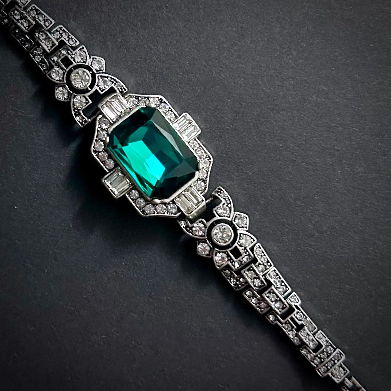 Art Deco Silver Rhinestone Bracelet With Large Emerald Rectangle