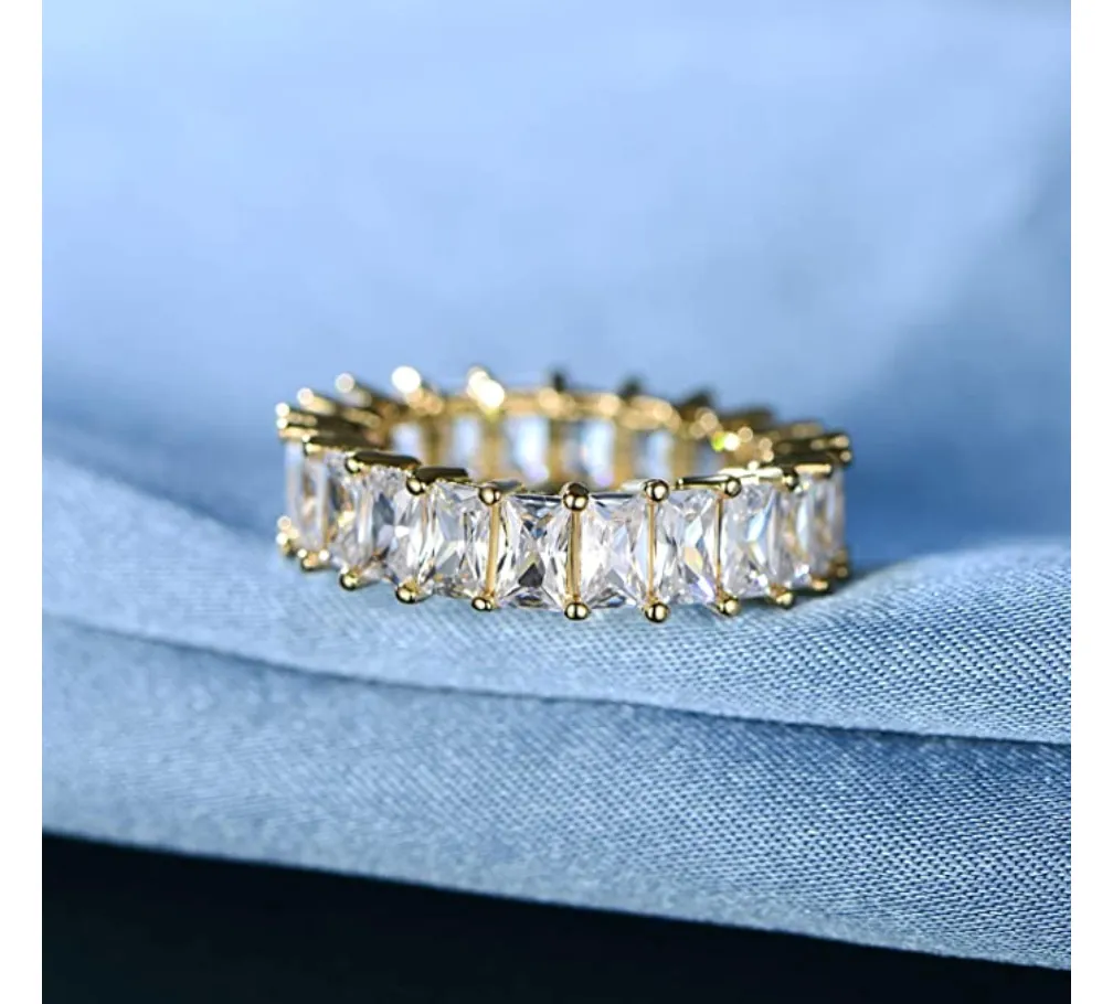 Baguette Ring Emerald Simulated Diamond Ring Hip Hop Iced Out Bling Jewelry Silver Gold Color Prong Set