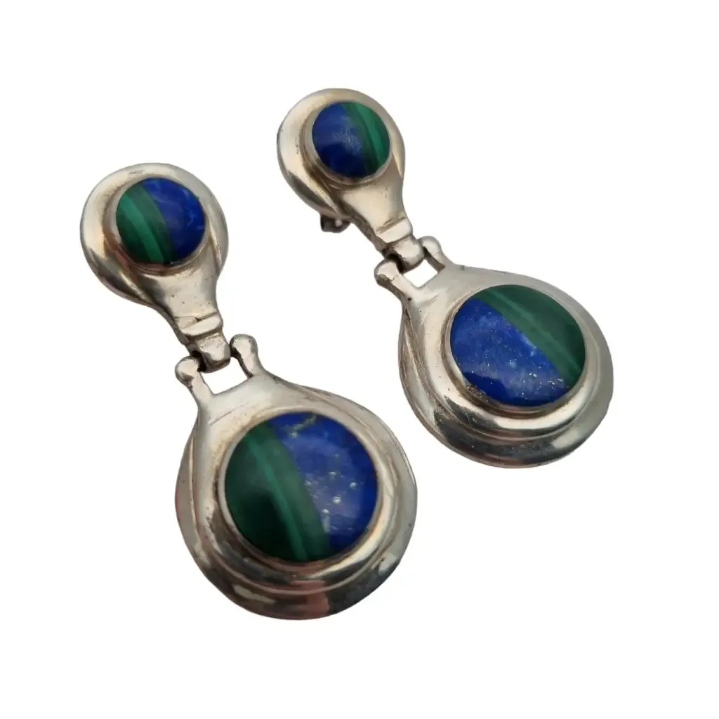 Boho earrings in 950 silver and lapis lazuli and malachite stone, vintage jewelry.