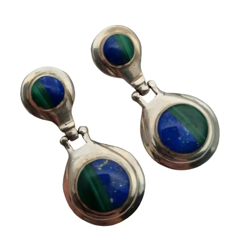 Boho earrings in 950 silver and lapis lazuli and malachite stone, vintage jewelry.