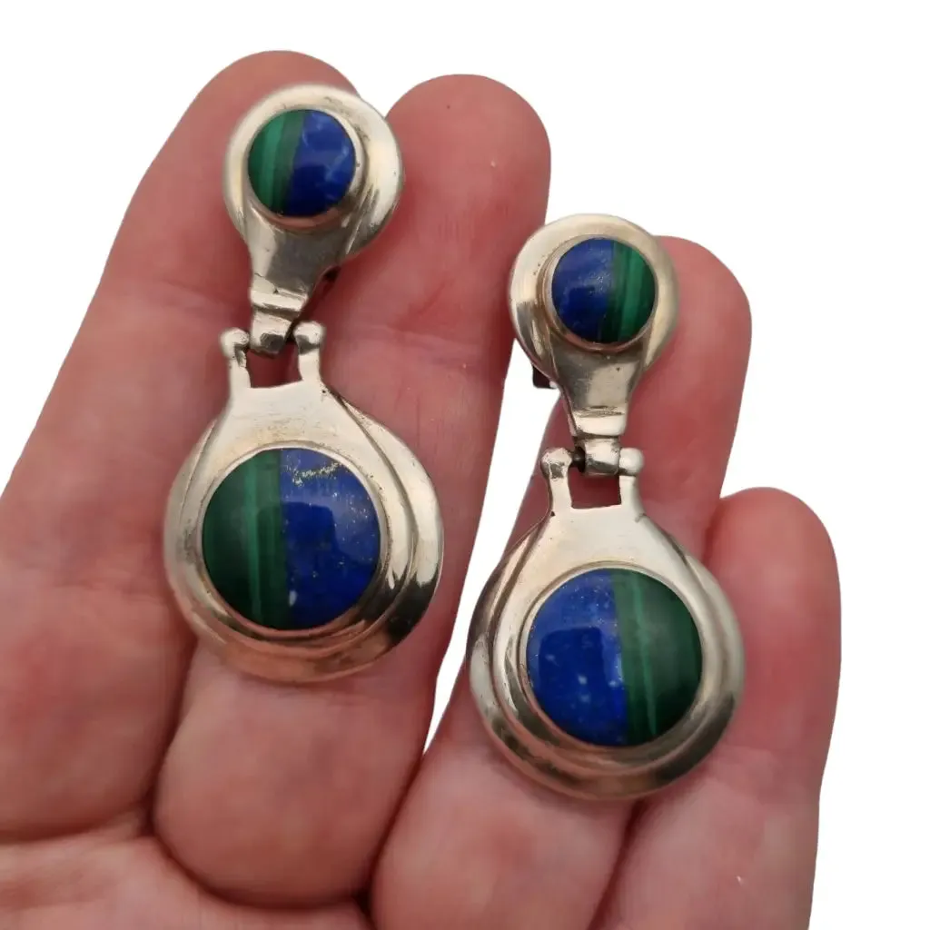 Boho earrings in 950 silver and lapis lazuli and malachite stone, vintage jewelry.
