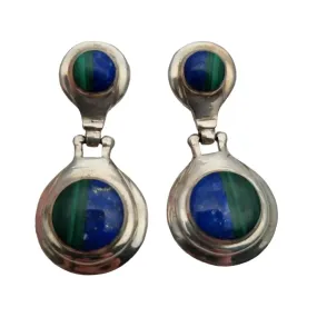 Boho earrings in 950 silver and lapis lazuli and malachite stone, vintage jewelry.