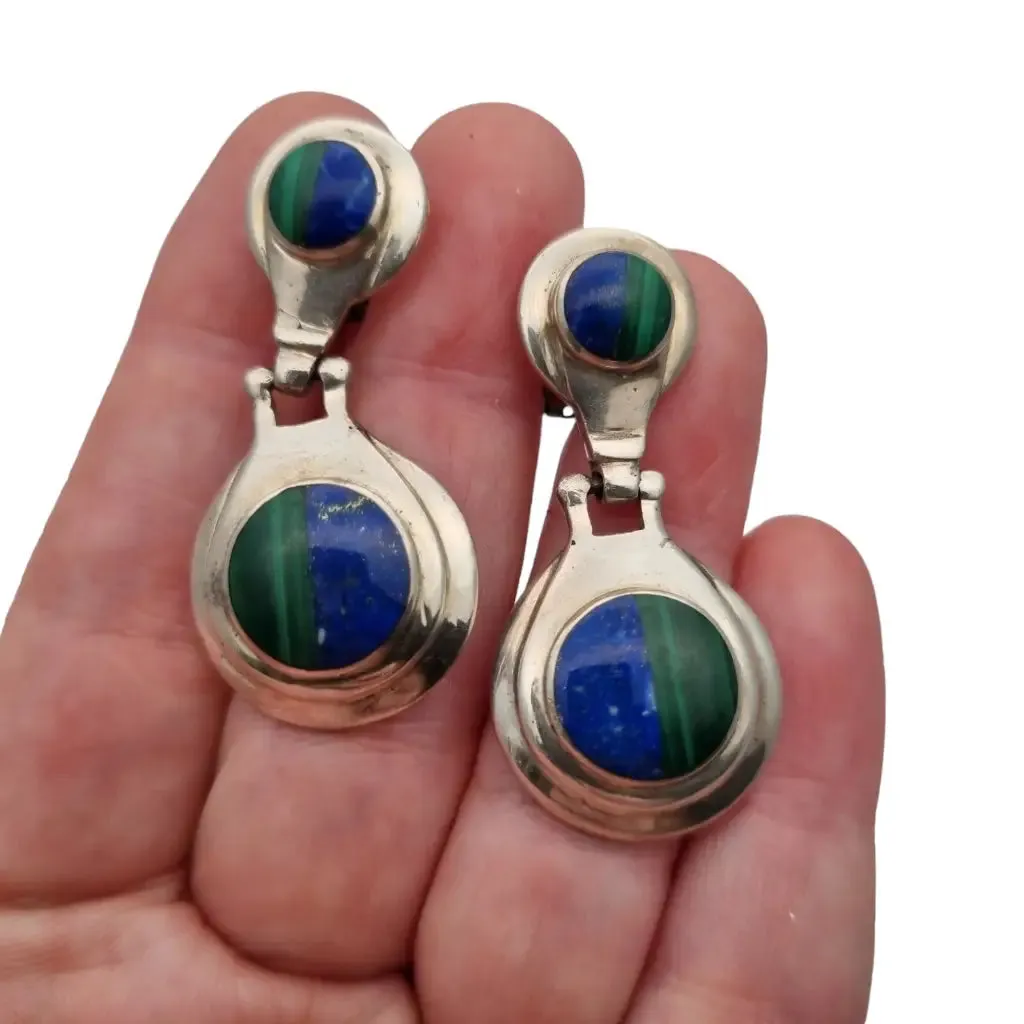 Boho earrings in 950 silver and lapis lazuli and malachite stone, vintage jewelry.