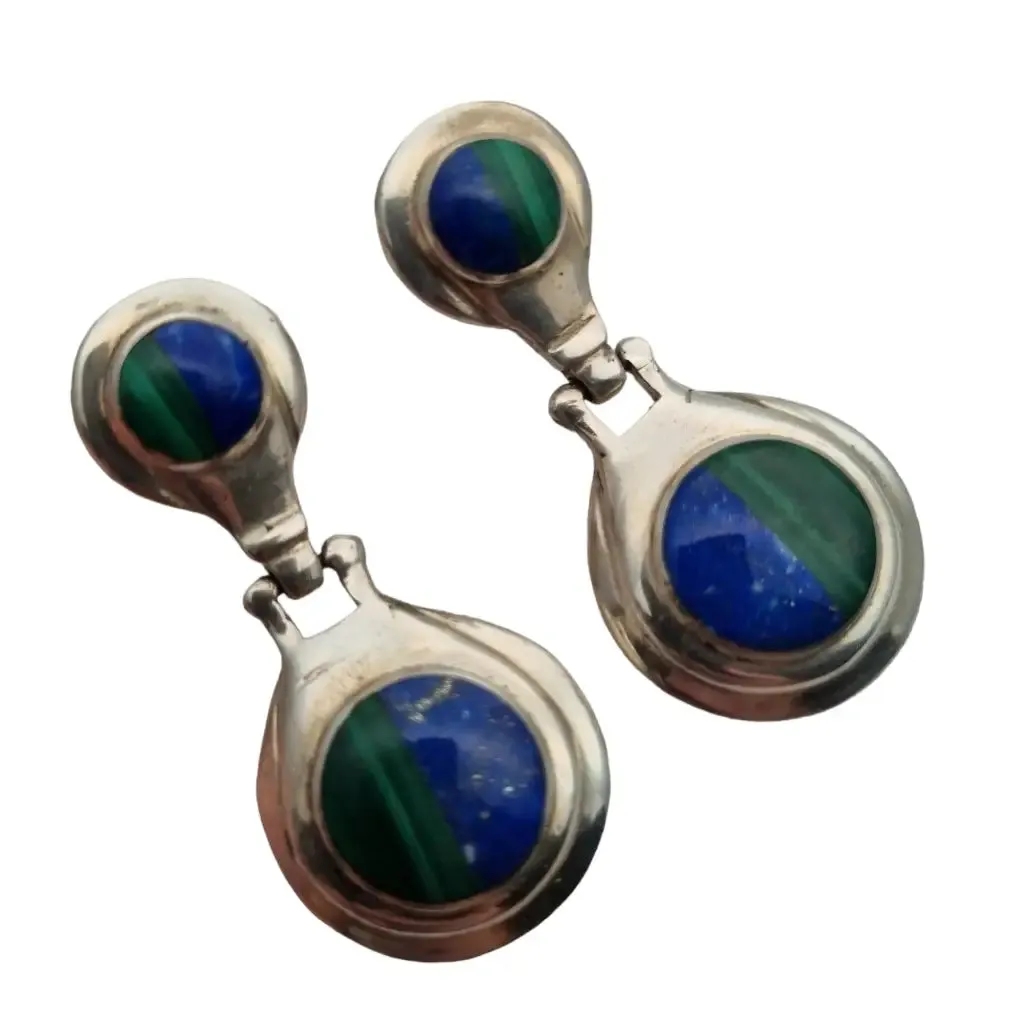 Boho earrings in 950 silver and lapis lazuli and malachite stone, vintage jewelry.