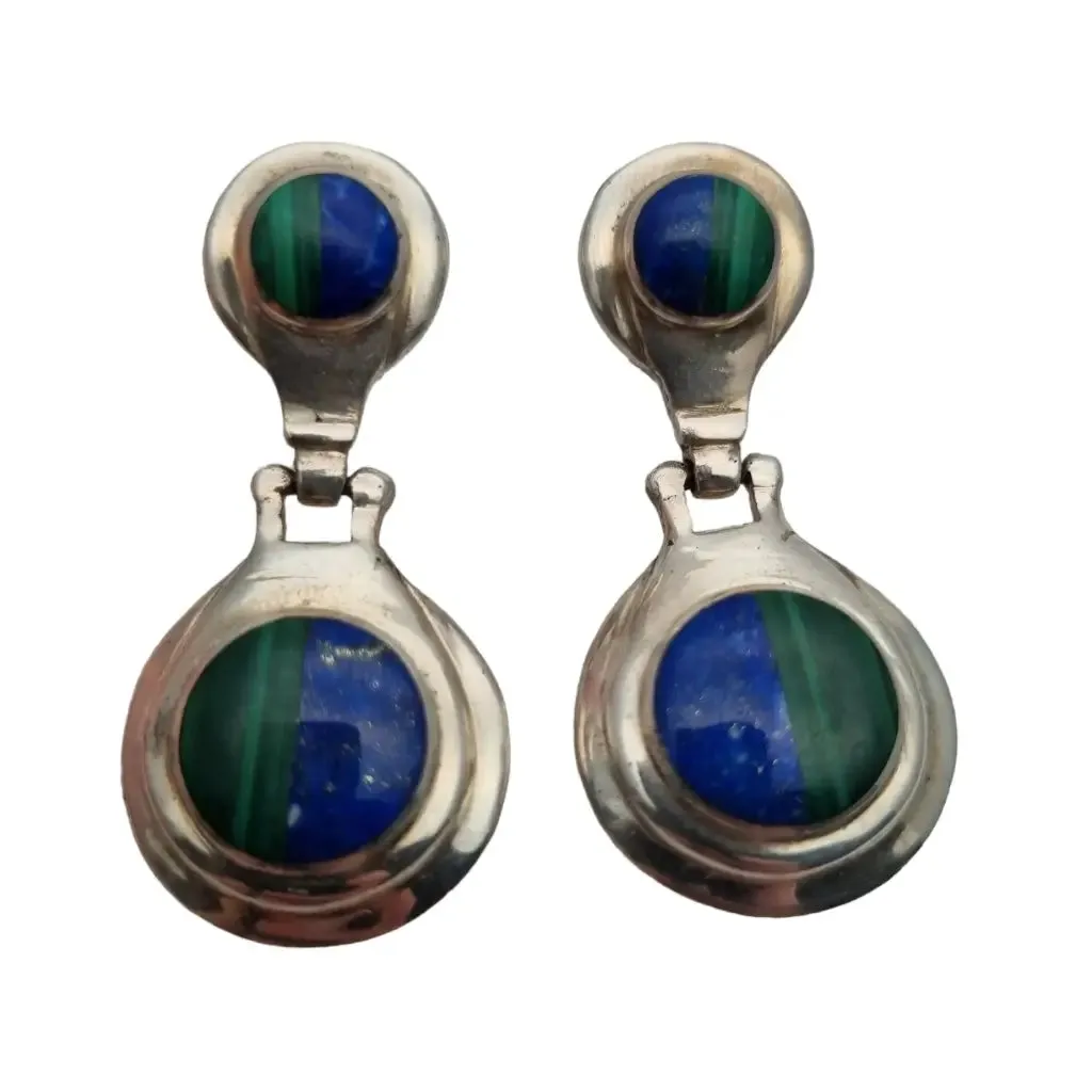 Boho earrings in 950 silver and lapis lazuli and malachite stone, vintage jewelry.