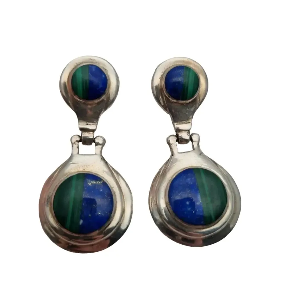 Boho earrings in 950 silver and lapis lazuli and malachite stone, vintage jewelry.