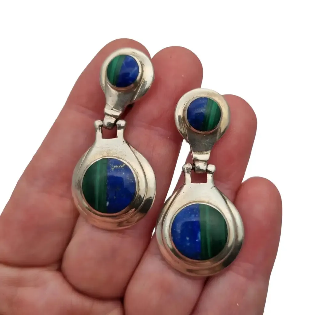 Boho earrings in 950 silver and lapis lazuli and malachite stone, vintage jewelry.