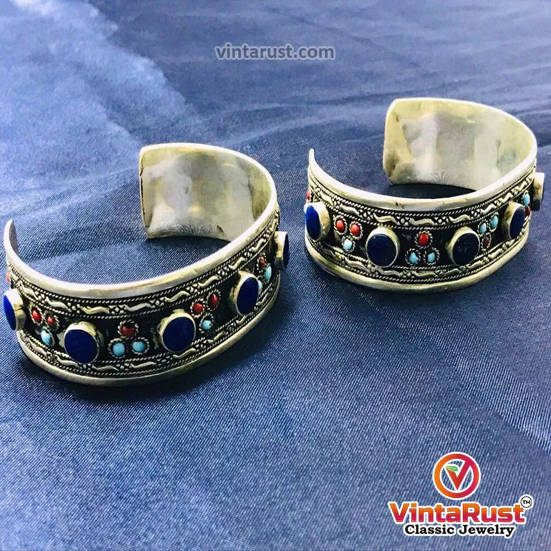 Kuchi Lapis Stone Cuff With Turquoise and Coral Beads