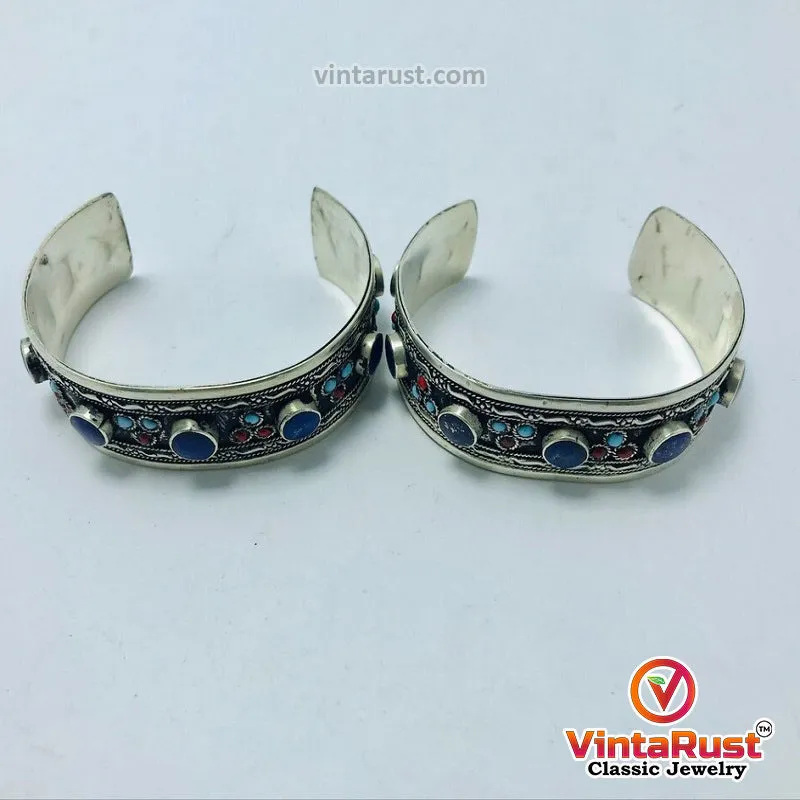 Kuchi Lapis Stone Cuff With Turquoise and Coral Beads