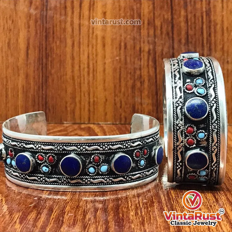 Kuchi Lapis Stone Cuff With Turquoise and Coral Beads