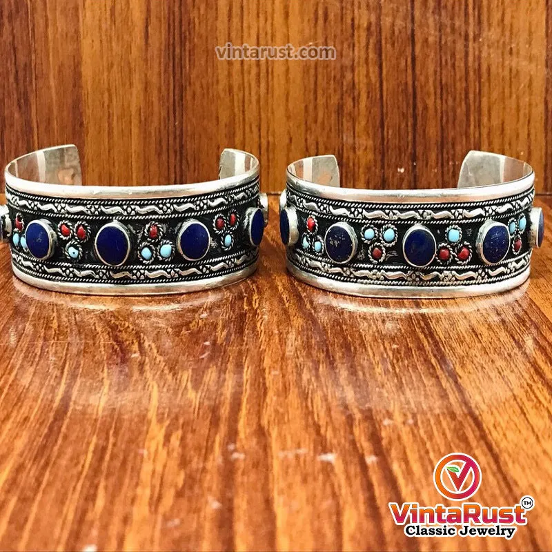 Kuchi Lapis Stone Cuff With Turquoise and Coral Beads