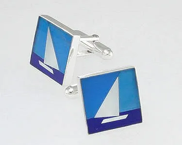 Lapis, Onyx & Mother of Pearl Sailboat Cufflinks