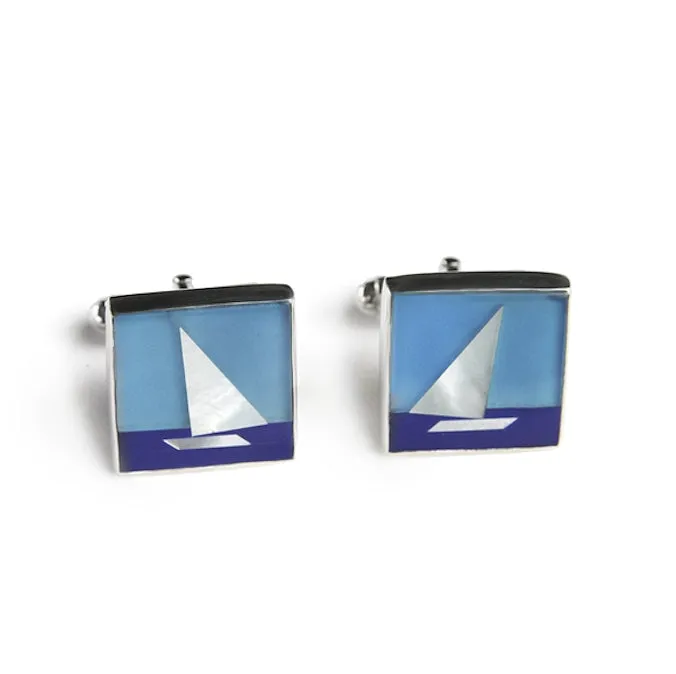 Lapis, Onyx & Mother of Pearl Sailboat Cufflinks