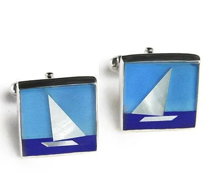 Lapis, Onyx & Mother of Pearl Sailboat Cufflinks