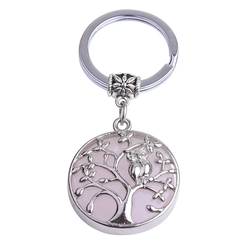 Natural Stone Keychains Silver Color Tree of Life Keyring Healing Crystal Car Bag Wallet Decor Keyholder