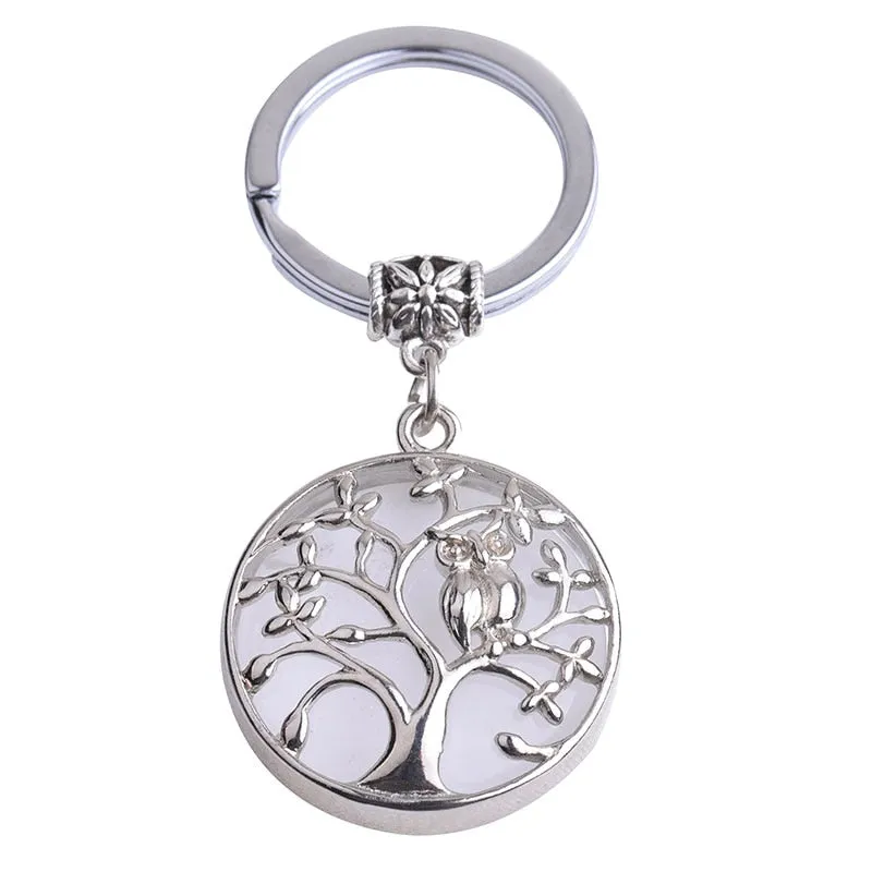 Natural Stone Keychains Silver Color Tree of Life Keyring Healing Crystal Car Bag Wallet Decor Keyholder