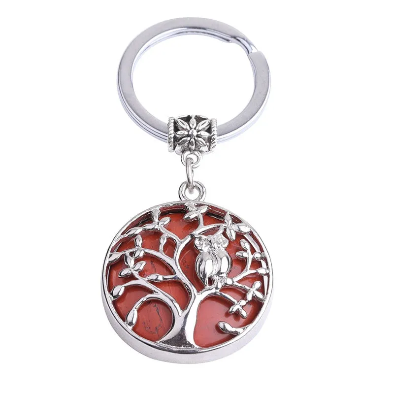 Natural Stone Keychains Silver Color Tree of Life Keyring Healing Crystal Car Bag Wallet Decor Keyholder