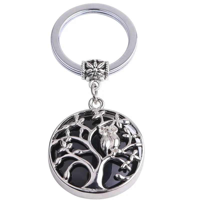 Natural Stone Keychains Silver Color Tree of Life Keyring Healing Crystal Car Bag Wallet Decor Keyholder
